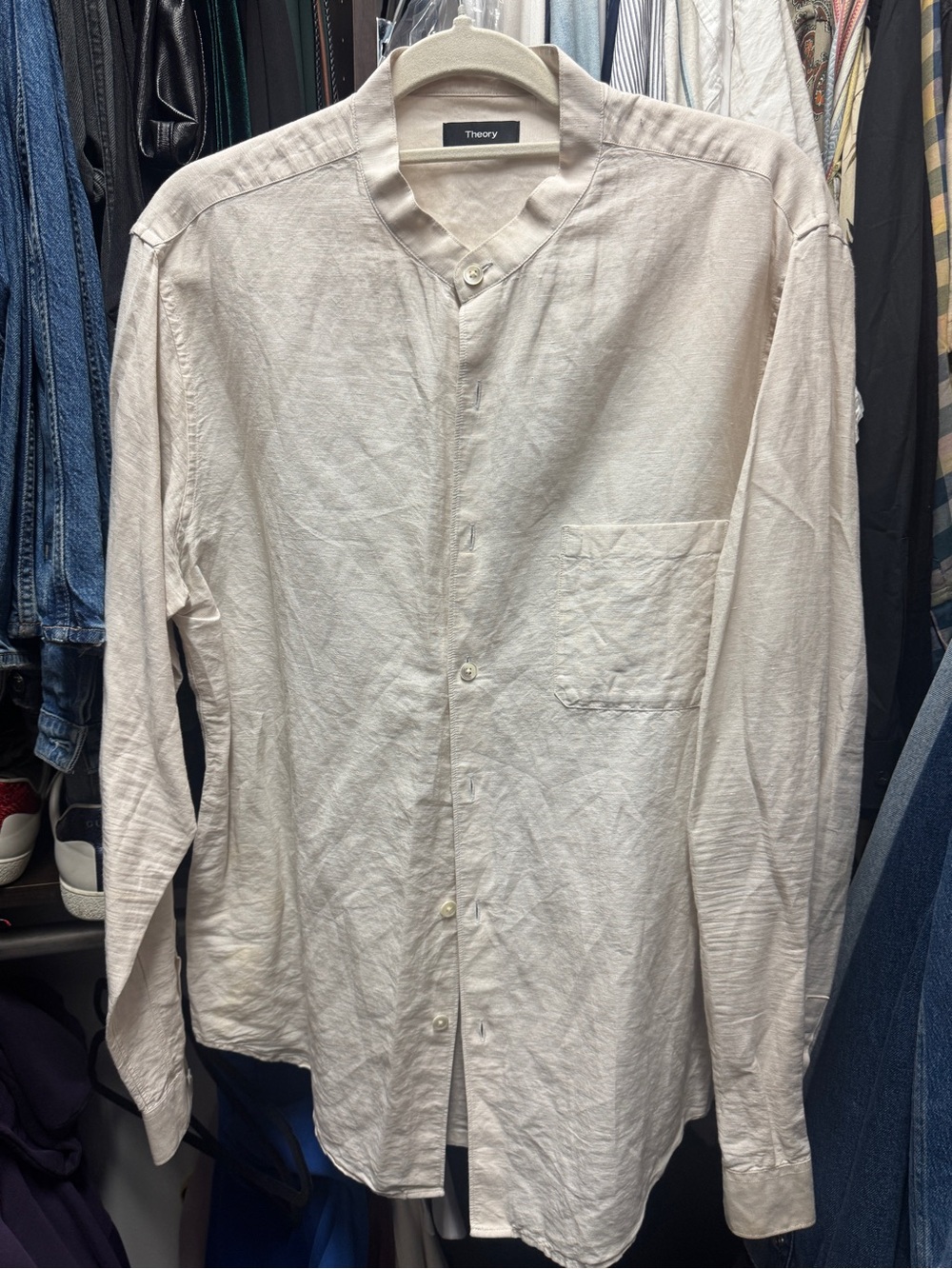 Theory Men's Light Beige Band-Collar Button-Down Shirt